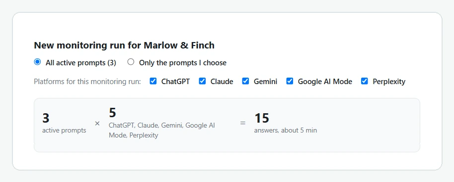 Starting a QuotedBy monitoring run that includes Google AI Mode with ChatGPT, Claude, Gemini and Perplexity
