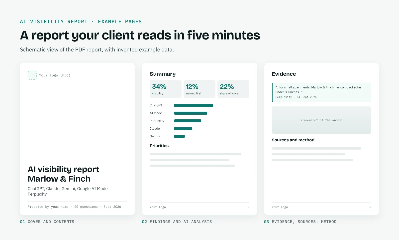 Schematic AI visibility report: a cover with the agency's logo, a summary with visibility, first mentions and share of voice by platform, and a page with evidence, sources and method